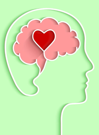 Cartoon silhouette of a person with a brain and heart in the center, symbolizing mental health