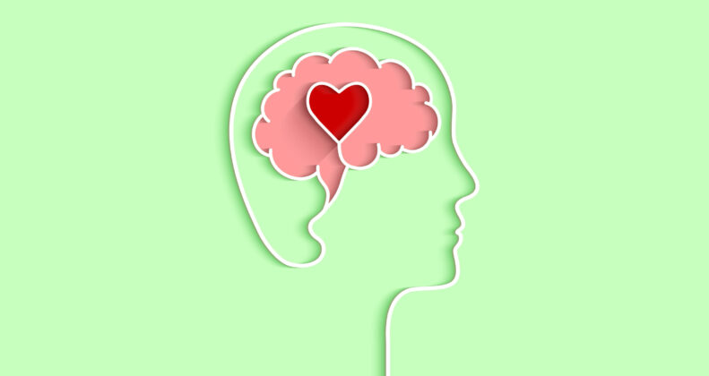 Cartoon silhouette of a person with a brain and heart in the center, symbolizing mental health