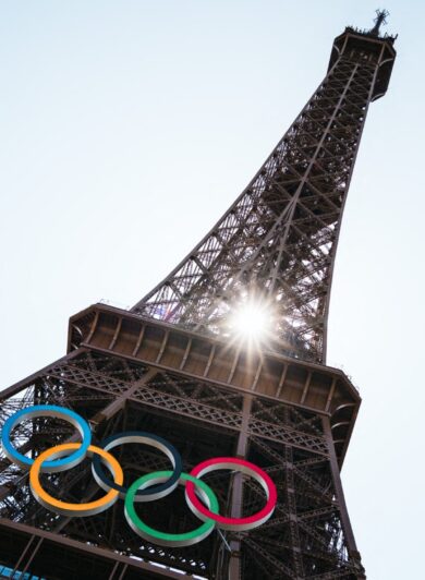 Olympic rings displayed on the Eiffel Tower in Paris 2024