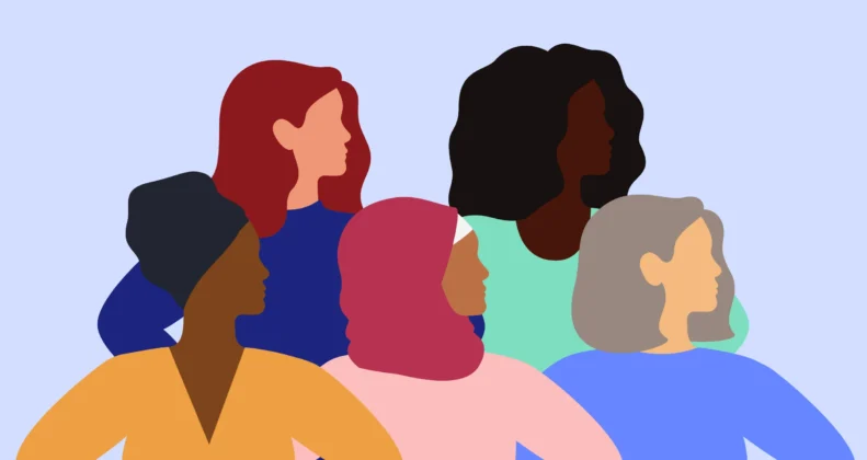 Background image showcasing women of diverse nationalities and backgrounds coming togethe