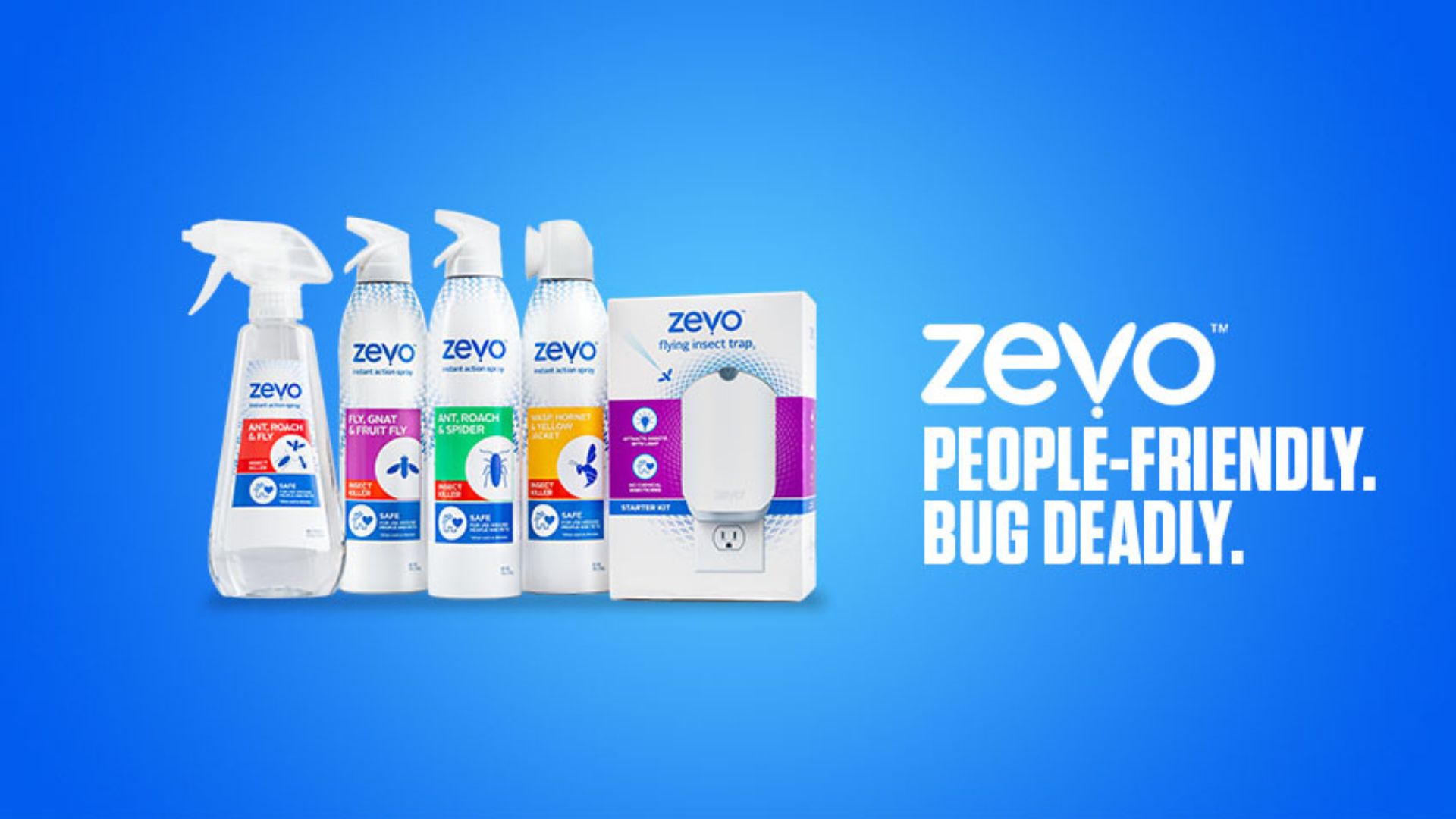 Zevo bug spray and insect traps with tagline 'People-friendly. Bug deadly.