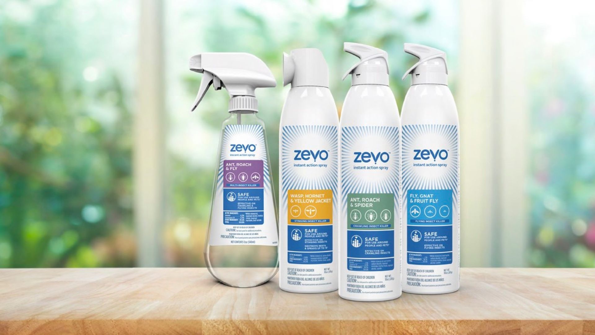 Four Zevo insect control products, including sprays and traps, displayed on a shelf