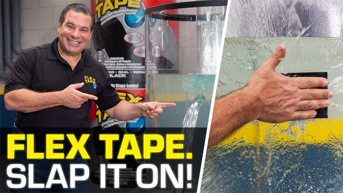 Phil Swift applying Flex Tape over a hole with the slogan 'Slap it on!' showcasing Flex Seal’s quick repair solution